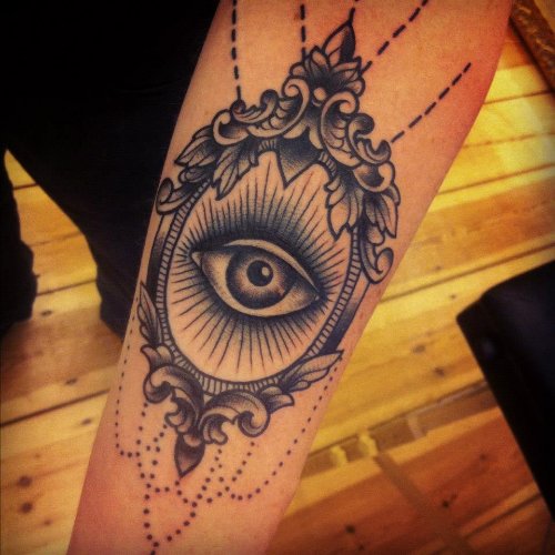 Awesome Grey Ink Illuminati Eye Tattoo On Sleeve